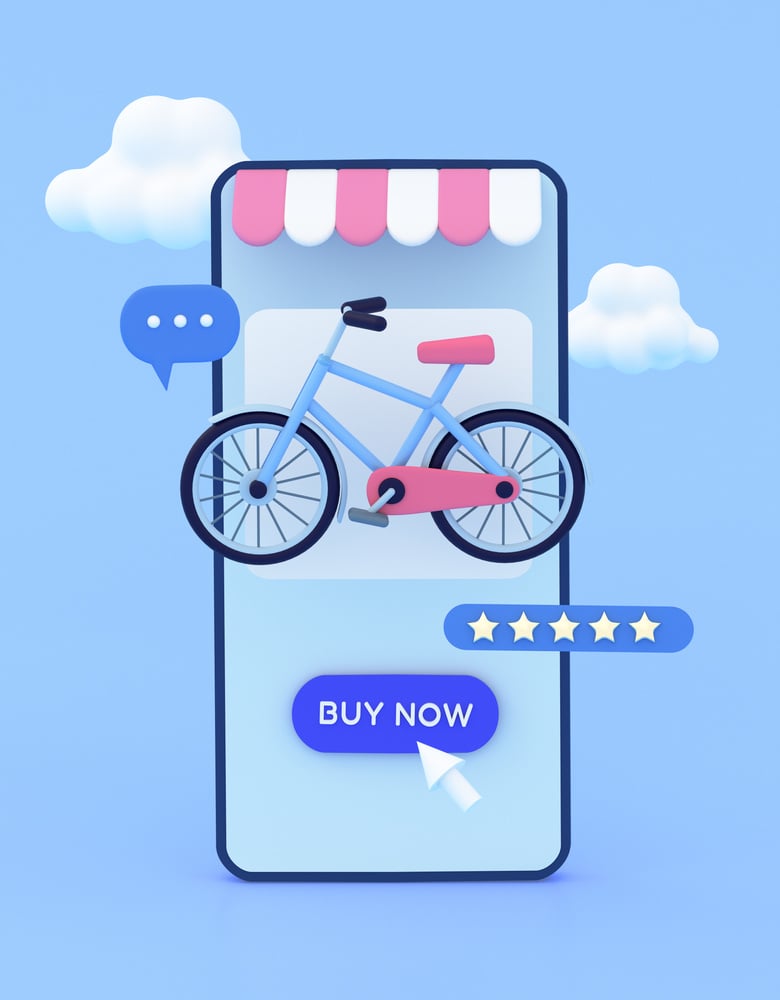 3d online shopping mobile app with bike on sale. Selling online, e-commerce,  special offer, give away concept. 3d render illustartion.